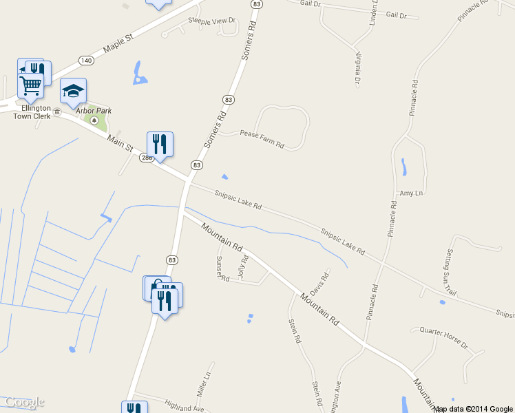 map of restaurants, bars, coffee shops, grocery stores, and more near 110 Snipsic Lake Rd in Ellington