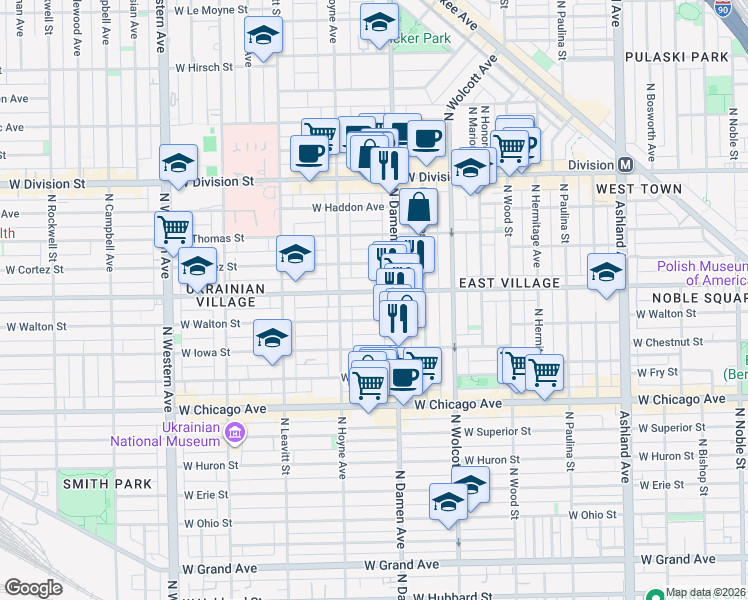 map of restaurants, bars, coffee shops, grocery stores, and more near 2015 West Augusta Boulevard in Chicago
