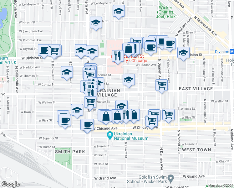 map of restaurants, bars, coffee shops, grocery stores, and more near 2225 West Augusta Boulevard in Chicago