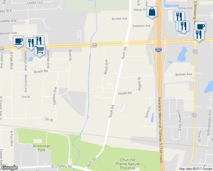 map of restaurants, bars, coffee shops, grocery stores, and more near 538 Creekside Court in Lombard