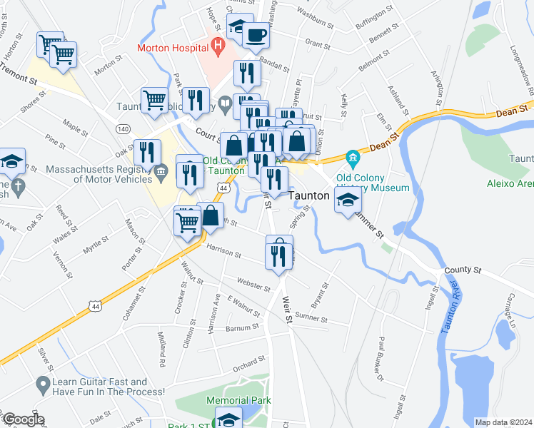 map of restaurants, bars, coffee shops, grocery stores, and more near 79 Weir Street in Taunton