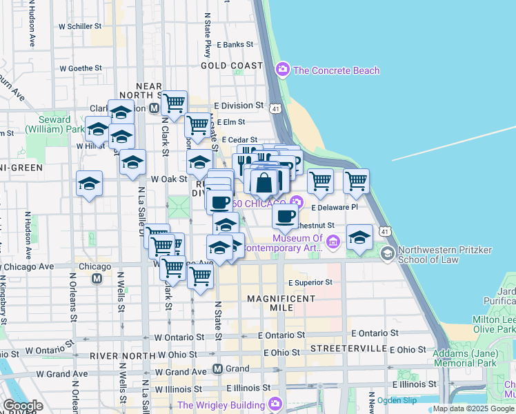 map of restaurants, bars, coffee shops, grocery stores, and more near 110 East Delaware Place in Chicago
