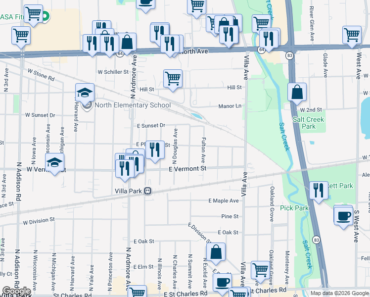 map of restaurants, bars, coffee shops, grocery stores, and more near 501 Ellsworth Avenue in Villa Park