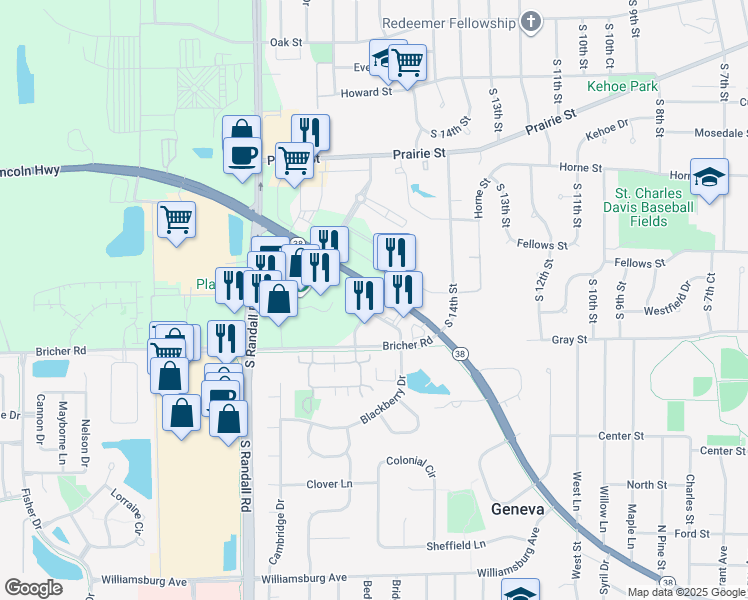 map of restaurants, bars, coffee shops, grocery stores, and more near 1955 Lincoln Highway in St. Charles