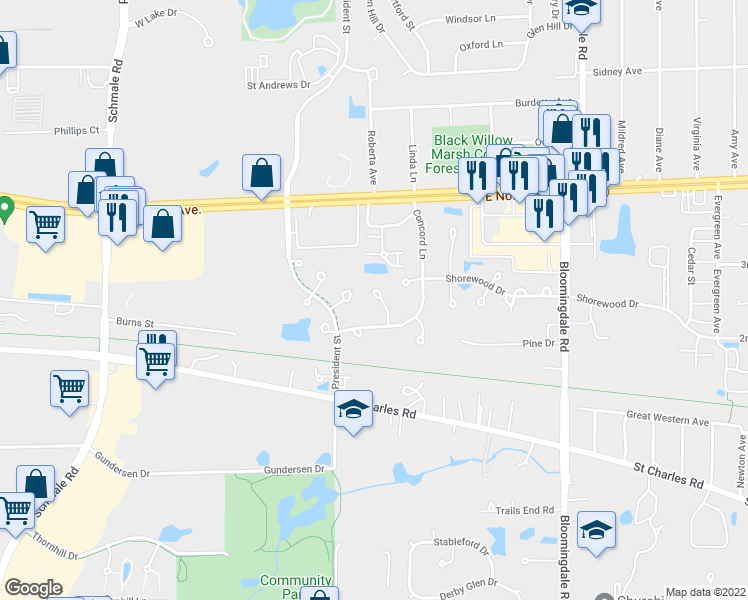 map of restaurants, bars, coffee shops, grocery stores, and more near 146 Fairfield Lane in Carol Stream