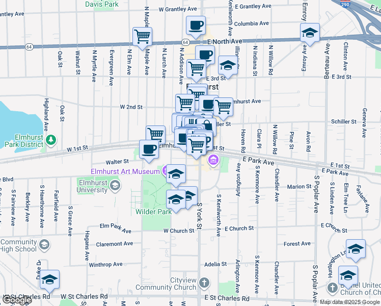 map of restaurants, bars, coffee shops, grocery stores, and more near 114A West Park Avenue in Elmhurst
