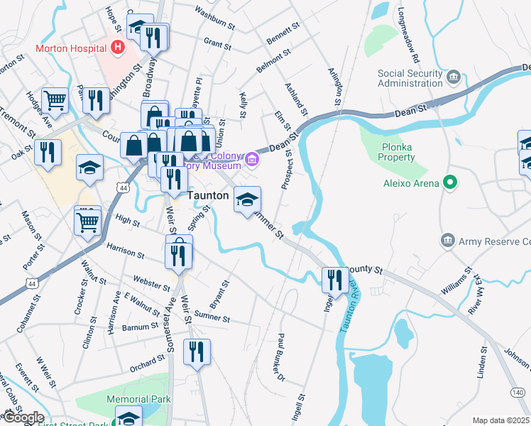 map of restaurants, bars, coffee shops, grocery stores, and more near 62 Summer Street in Taunton