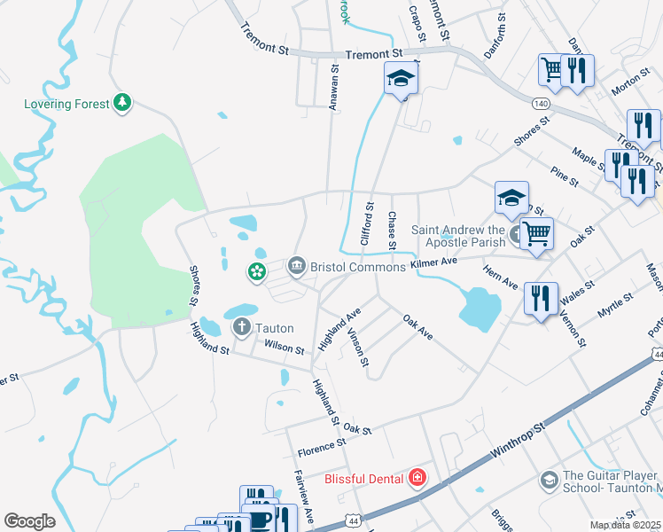 map of restaurants, bars, coffee shops, grocery stores, and more near 91 Kilmer Avenue in Taunton