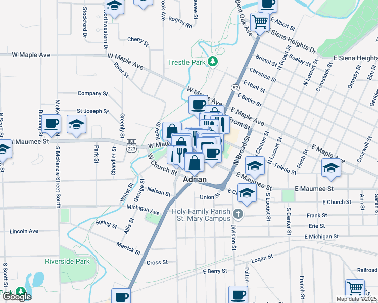map of restaurants, bars, coffee shops, grocery stores, and more near 132 North Winter Street in Adrian