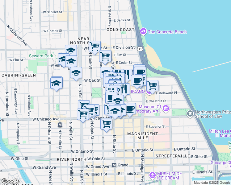 map of restaurants, bars, coffee shops, grocery stores, and more near 908 North State Street in Chicago