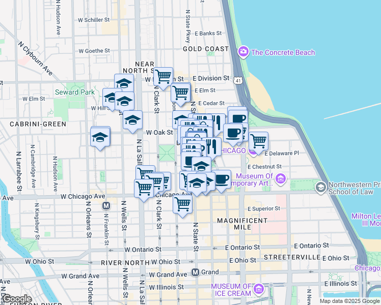 map of restaurants, bars, coffee shops, grocery stores, and more near 908 North State Street in Chicago