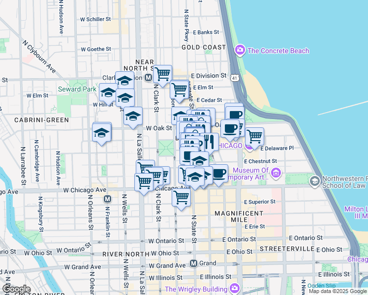 map of restaurants, bars, coffee shops, grocery stores, and more near 1340 N North Park Avenue in Chicago