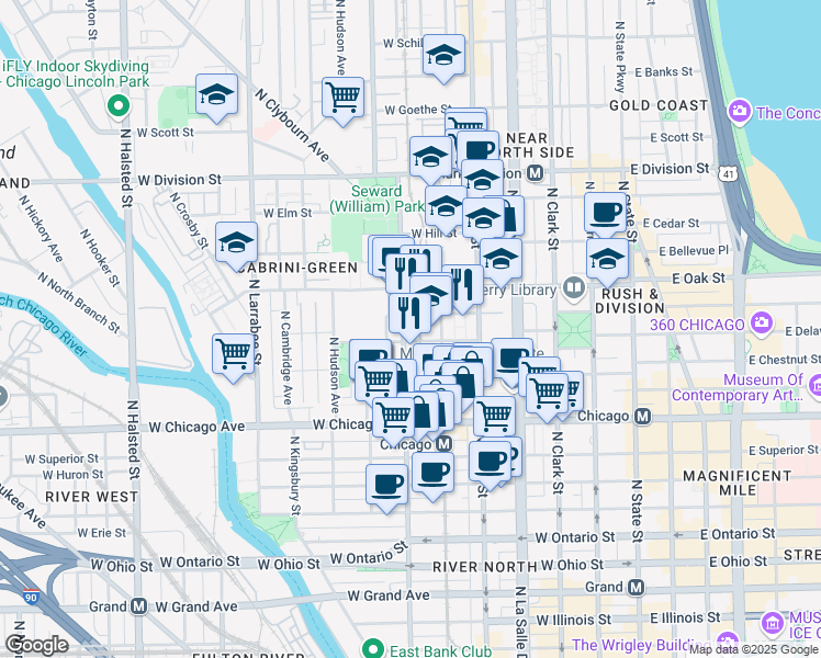 map of restaurants, bars, coffee shops, grocery stores, and more near 933 North Orleans Street in Chicago