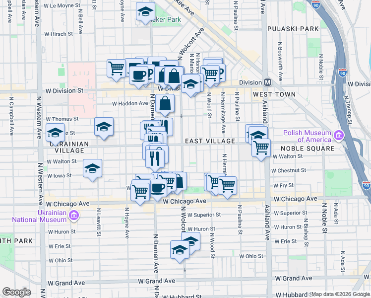 map of restaurants, bars, coffee shops, grocery stores, and more near 958 North Wolcott Avenue in Chicago
