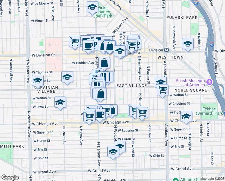 map of restaurants, bars, coffee shops, grocery stores, and more near 958 North Wolcott Avenue in Chicago