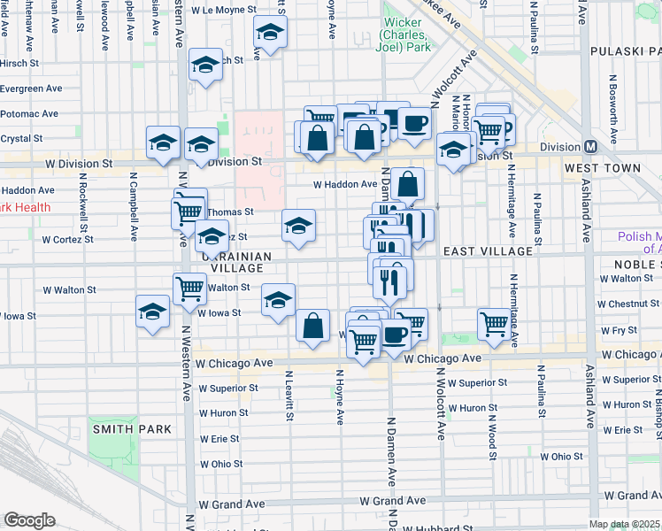map of restaurants, bars, coffee shops, grocery stores, and more near 953 North Hoyne Avenue in Chicago