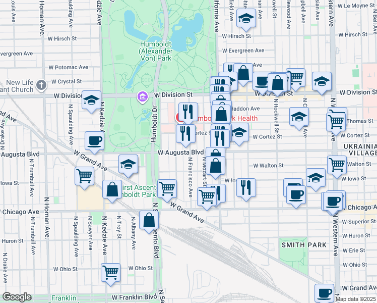 map of restaurants, bars, coffee shops, grocery stores, and more near 1003 North Francisco Avenue in Chicago