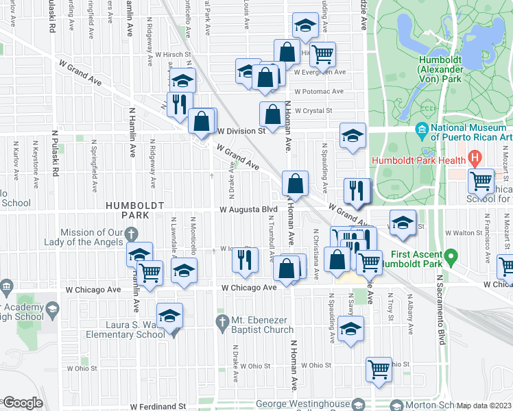 map of restaurants, bars, coffee shops, grocery stores, and more near 1011 North Saint Louis Avenue in Chicago