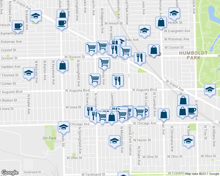map of restaurants, bars, coffee shops, grocery stores, and more near 1011 North Lawndale Avenue in Chicago