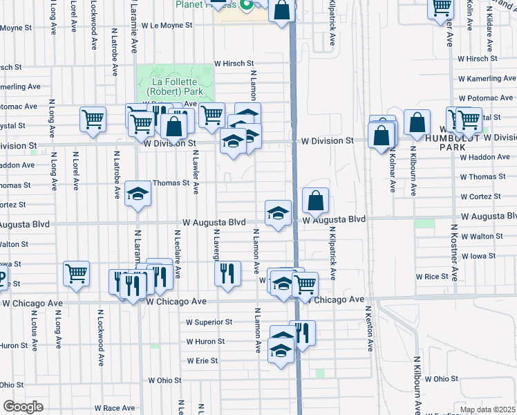map of restaurants, bars, coffee shops, grocery stores, and more near 4901 West Cortez Street in Chicago