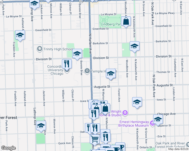 map of restaurants, bars, coffee shops, grocery stores, and more near 1047 Illinois 43 in Oak Park