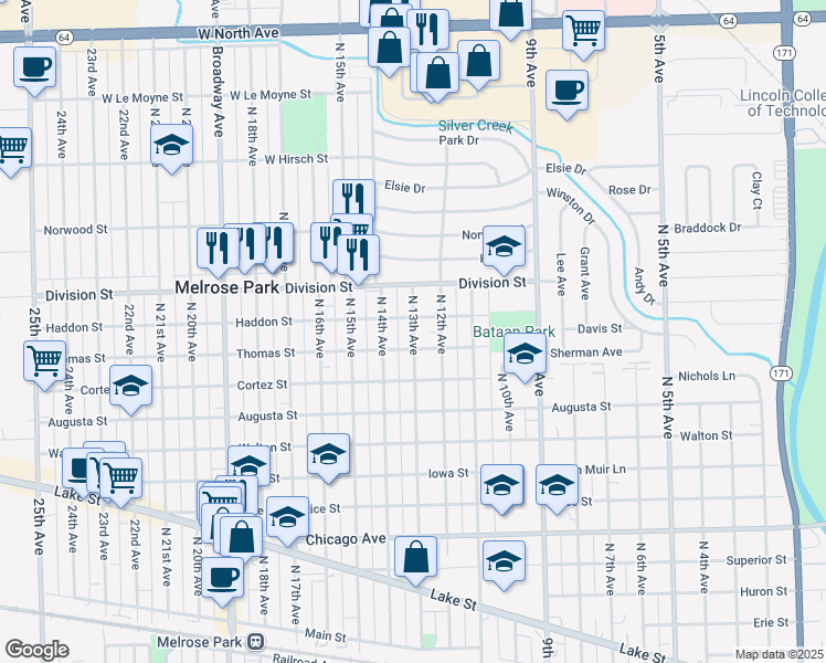 map of restaurants, bars, coffee shops, grocery stores, and more near 1319 North 13th Avenue in Melrose Park