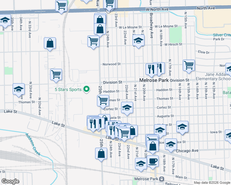 map of restaurants, bars, coffee shops, grocery stores, and more near 1401 North 24th Avenue in Melrose Park