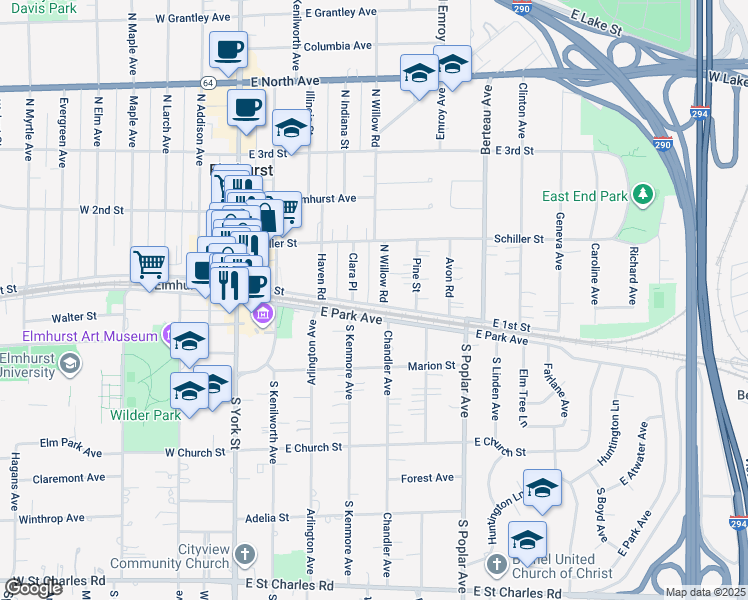 map of restaurants, bars, coffee shops, grocery stores, and more near 215 East 1st Street in Elmhurst