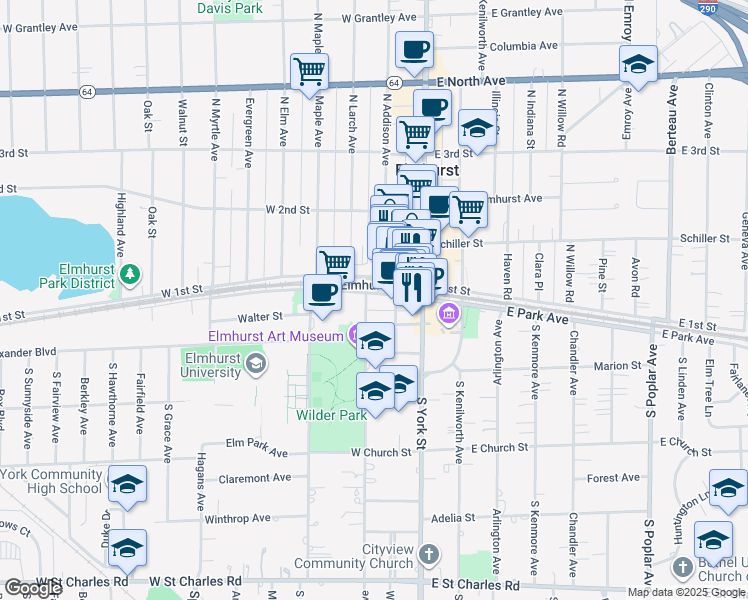 map of restaurants, bars, coffee shops, grocery stores, and more near 136 West Park Avenue in Elmhurst