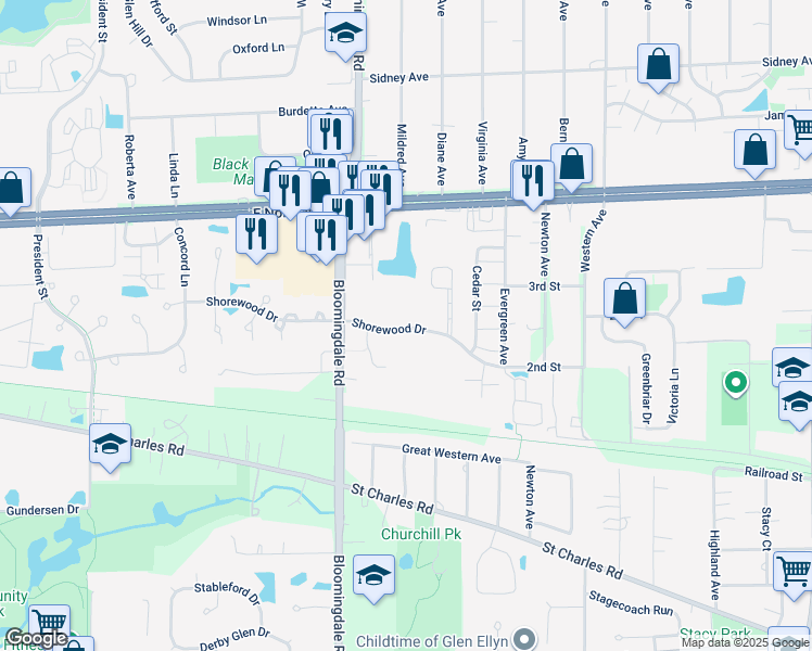 map of restaurants, bars, coffee shops, grocery stores, and more near 226 Shorewood Drive in Glendale Heights