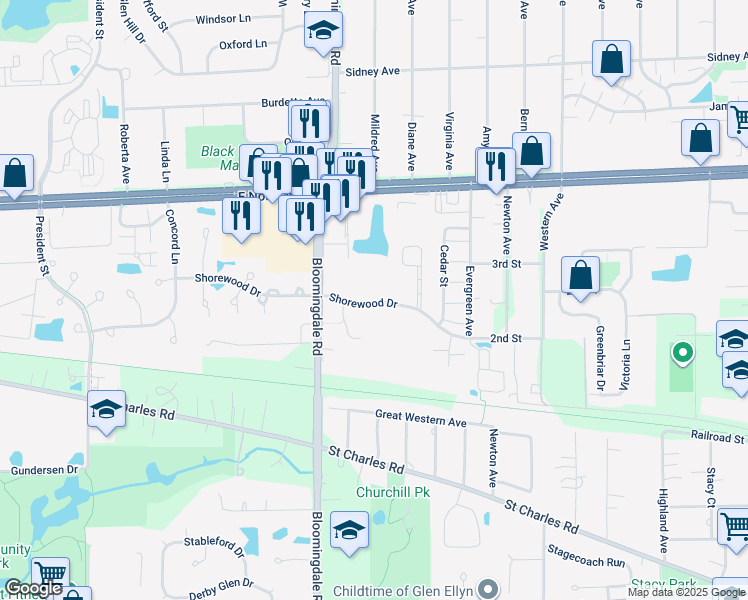 map of restaurants, bars, coffee shops, grocery stores, and more near 226 Shorewood Drive in Glendale Heights