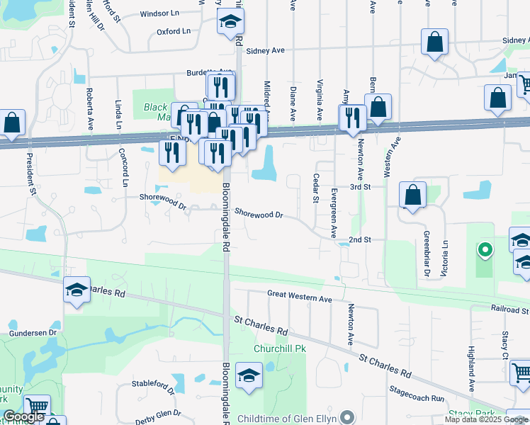 map of restaurants, bars, coffee shops, grocery stores, and more near 226 Shorewood Drive in Glendale Heights