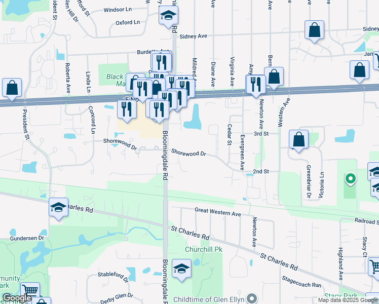 map of restaurants, bars, coffee shops, grocery stores, and more near 226 Shorewood Drive in Glendale Heights