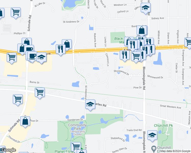 map of restaurants, bars, coffee shops, grocery stores, and more near 146 Fairfield Lane in Carol Stream