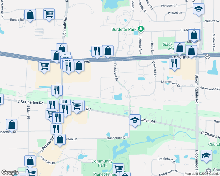 map of restaurants, bars, coffee shops, grocery stores, and more near 475 S Schmale Road in Carol Stream