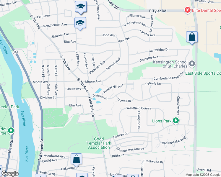 map of restaurants, bars, coffee shops, grocery stores, and more near 1436 Walnut Hill Avenue in St. Charles