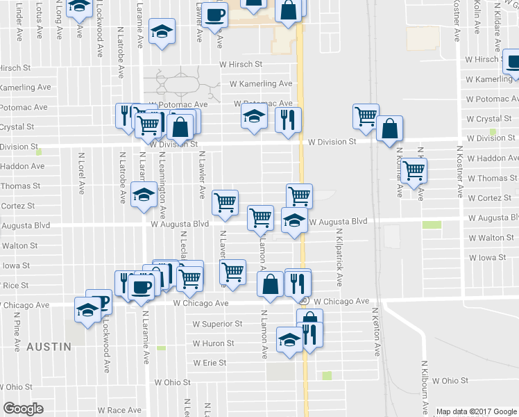 map of restaurants, bars, coffee shops, grocery stores, and more near 4901 West Cortez Street in Chicago