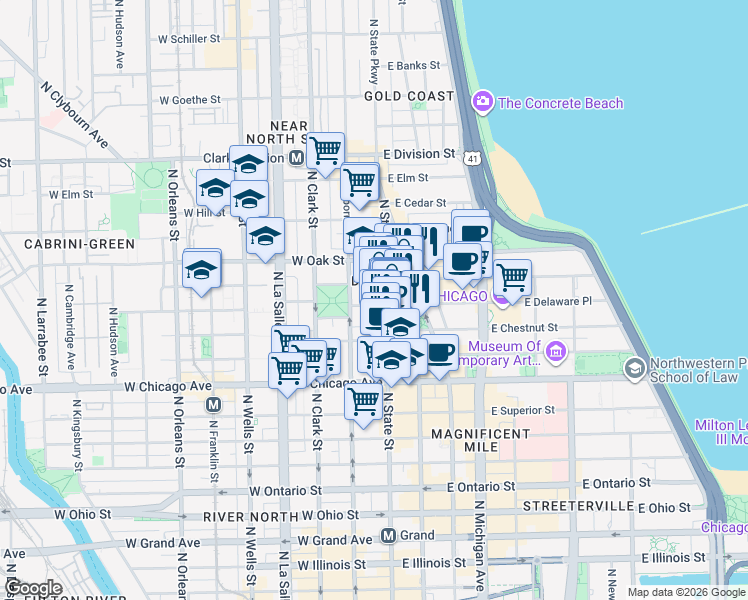 map of restaurants, bars, coffee shops, grocery stores, and more near 908 North State Street in Chicago