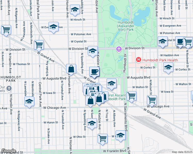 map of restaurants, bars, coffee shops, grocery stores, and more near 1000 North Kedzie Avenue in Chicago