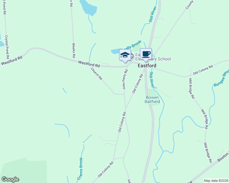 map of restaurants, bars, coffee shops, grocery stores, and more near 8 Church Road in Eastford