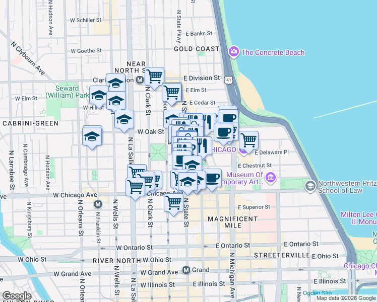 map of restaurants, bars, coffee shops, grocery stores, and more near 908 North State Street in Chicago