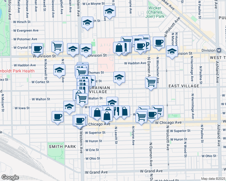 map of restaurants, bars, coffee shops, grocery stores, and more near 2212 West Augusta Boulevard in Chicago