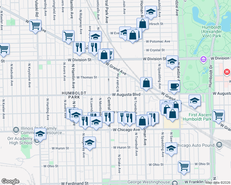 map of restaurants, bars, coffee shops, grocery stores, and more near 1002 North Drake Avenue in Chicago