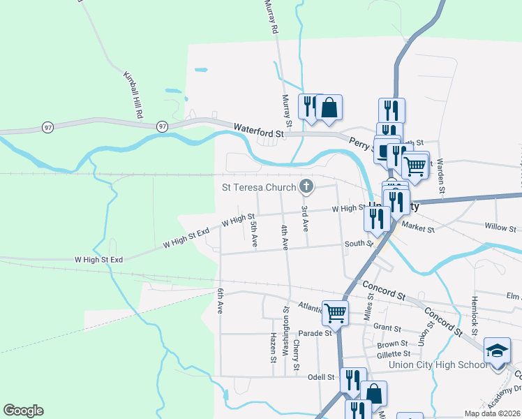 map of restaurants, bars, coffee shops, grocery stores, and more near 16 5th Ave in Union City