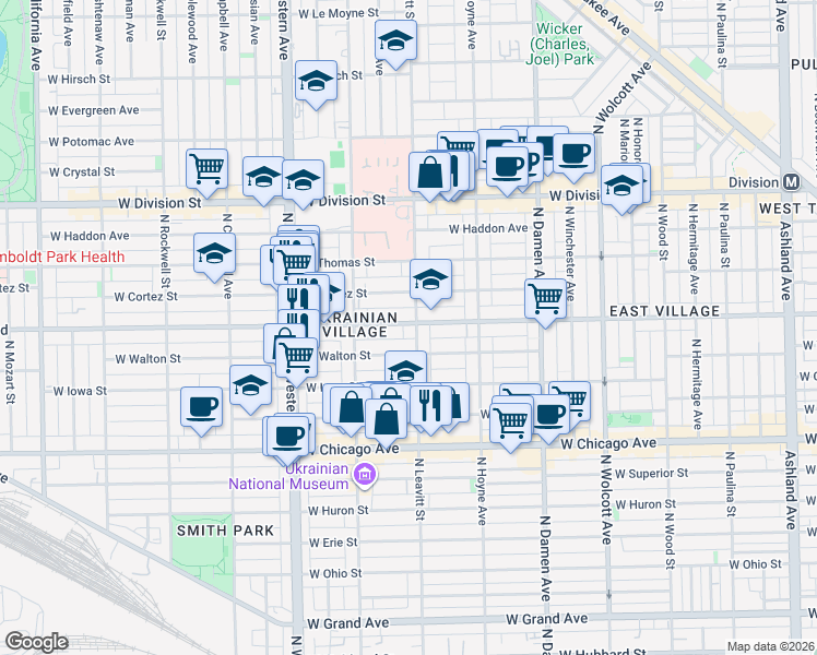 map of restaurants, bars, coffee shops, grocery stores, and more near 958 North Leavitt Street in Chicago