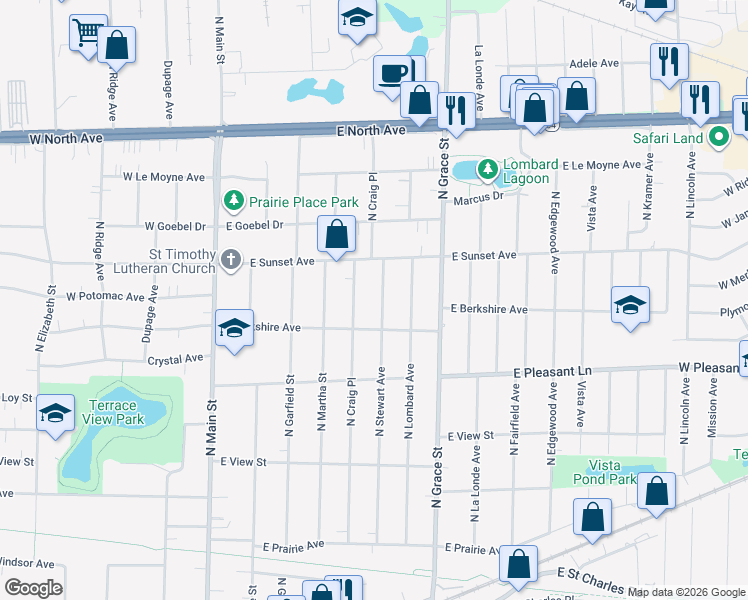 map of restaurants, bars, coffee shops, grocery stores, and more near 530 North Stewart Avenue in Lombard