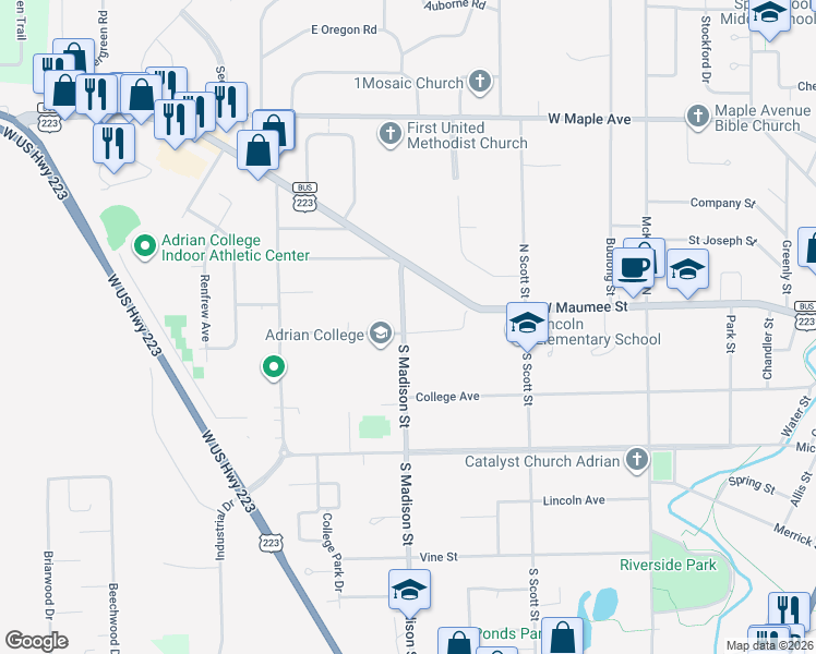 map of restaurants, bars, coffee shops, grocery stores, and more near 1164 Williams Street in Adrian