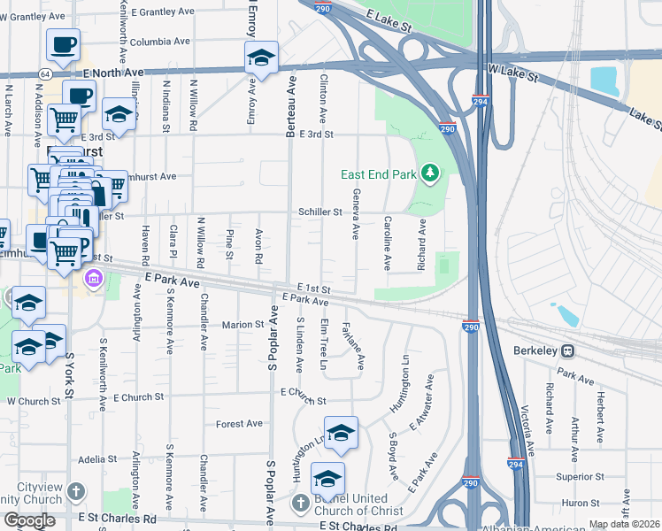 map of restaurants, bars, coffee shops, grocery stores, and more near 125 Clinton Avenue in Elmhurst