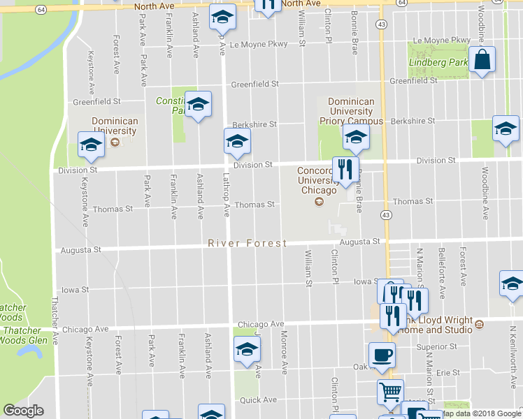 map of restaurants, bars, coffee shops, grocery stores, and more near 1045 Jackson Avenue in River Forest
