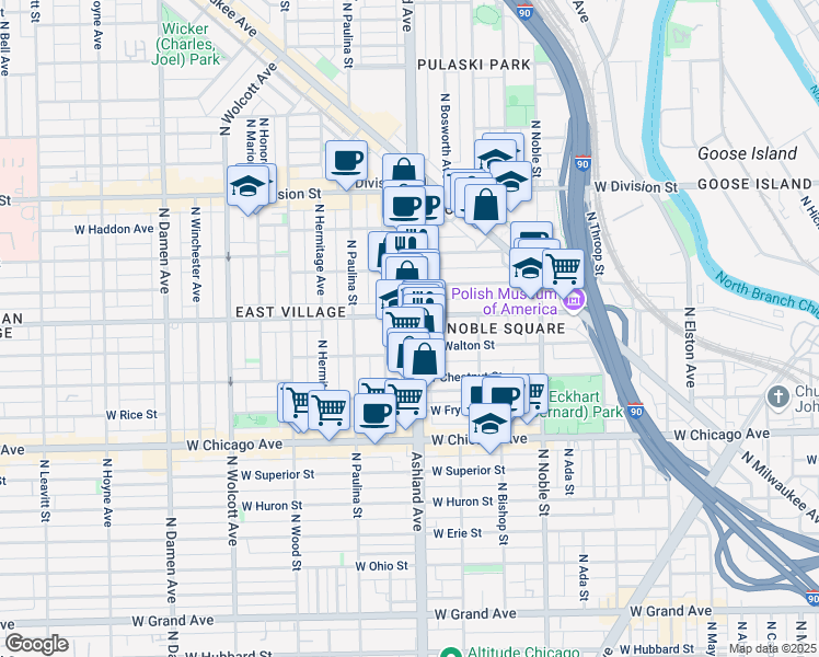 map of restaurants, bars, coffee shops, grocery stores, and more near 2 North Ashland Avenue in Chicago